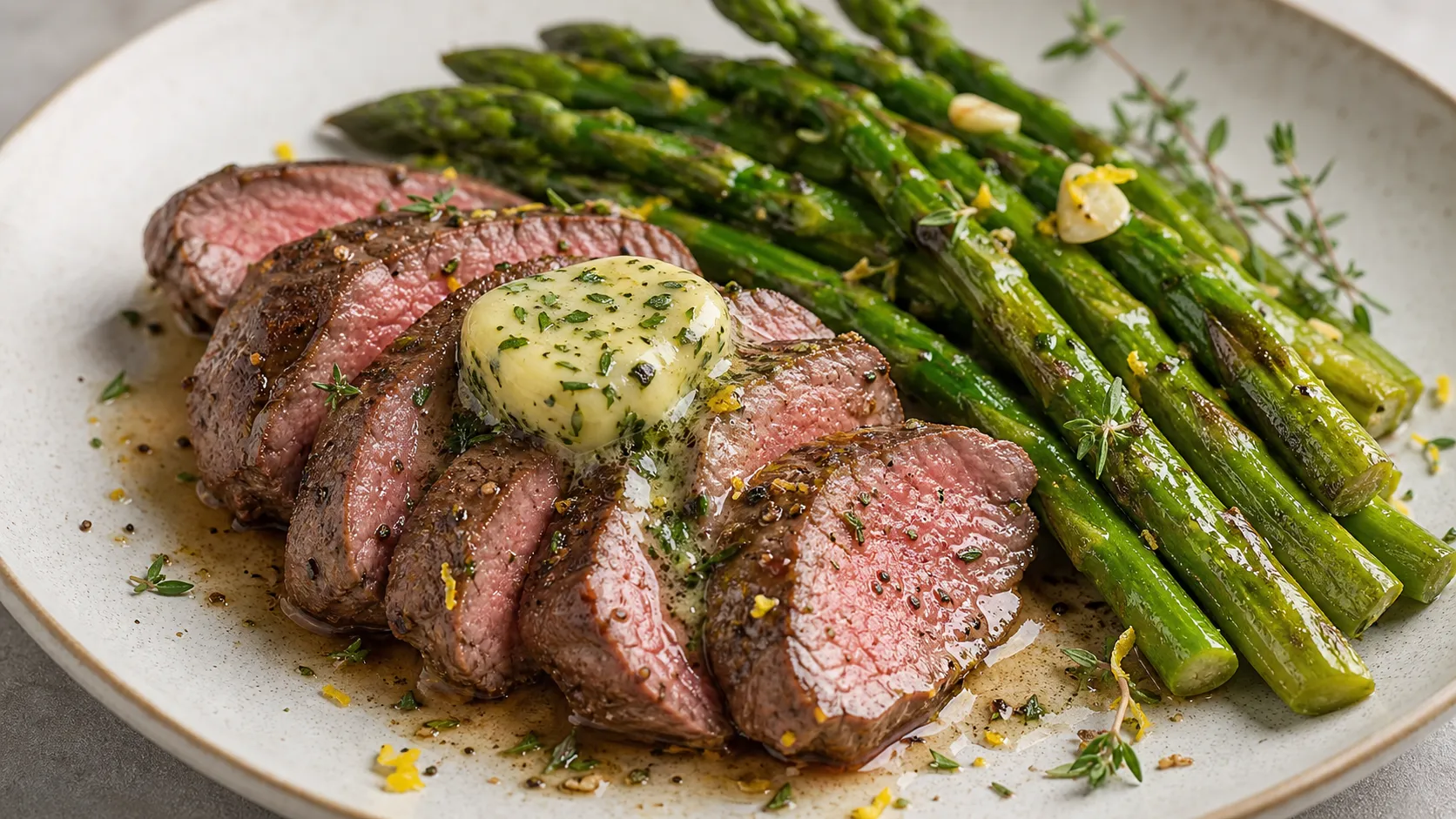 Keto Lammfilet mit schmelzender Kräuterbutter und gebratenem grünem Spargel