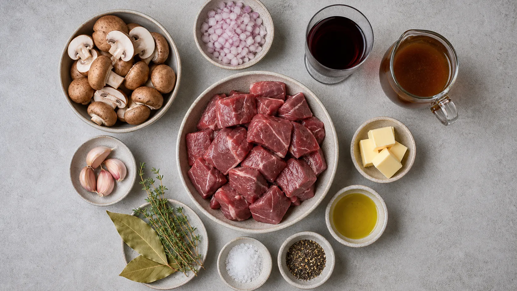 Zutaten für Keto Lammgulasch mit Lammschulter, Champignons, Rotwein, Brühe und Thymian
