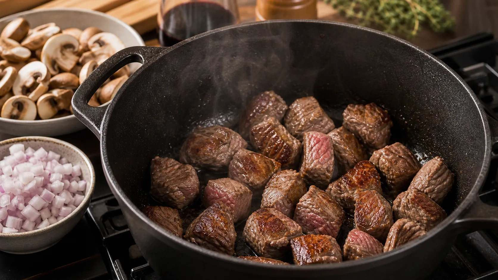 Lammschulter-Würfel für Keto Lammgulasch im Gusseisentopf scharf anbraten