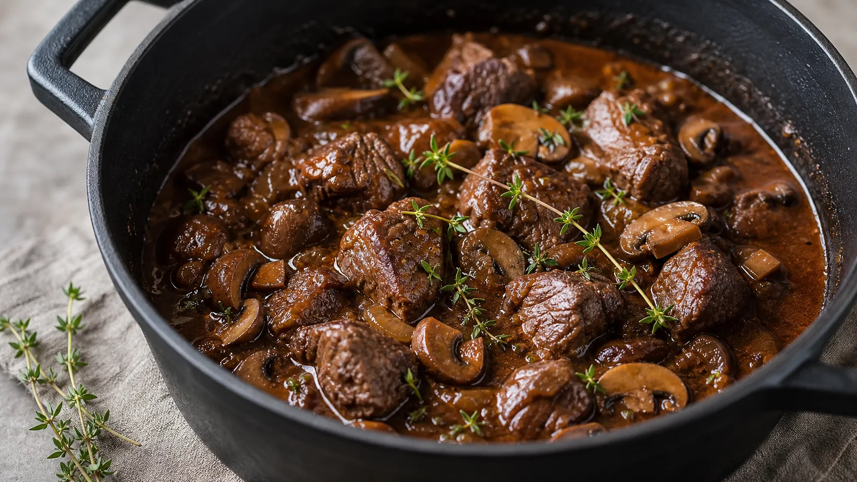 Keto Lammgulasch mit Rotwein-Sauce, braunen Champignons und Thymian