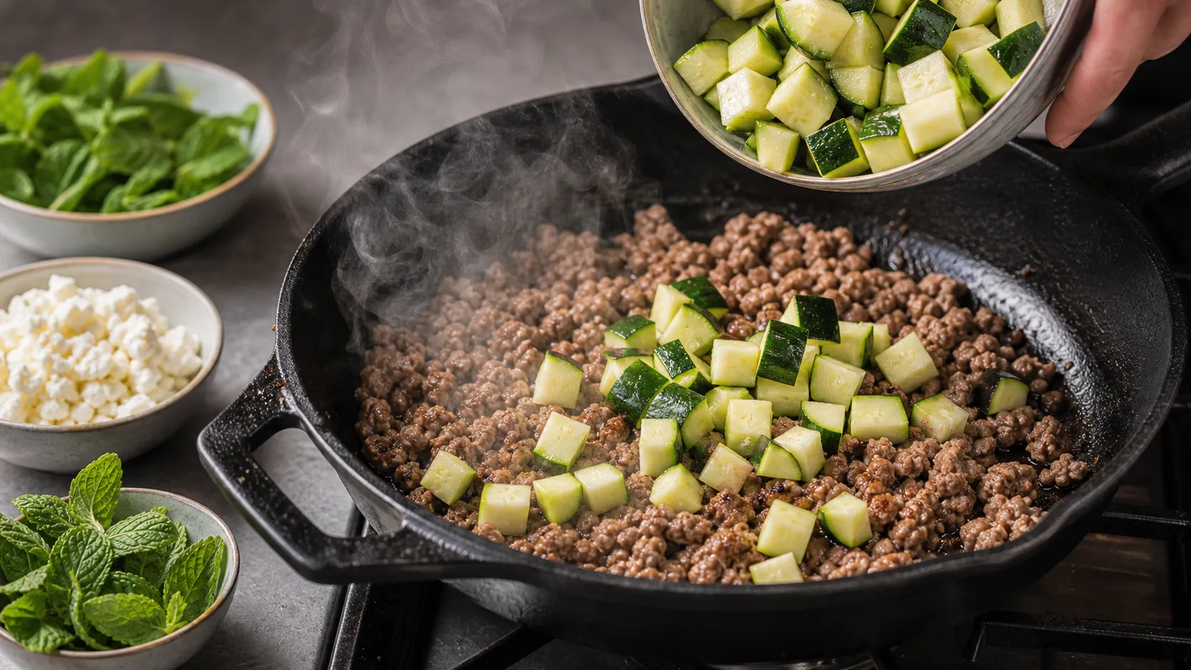 Lammhack in der Pfanne anbraten und Zucchiniwürfel zugeben
