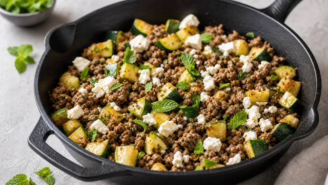 Keto Lammhack-Zucchini-Pfanne mit Feta, Minze und Kreuzkümmel