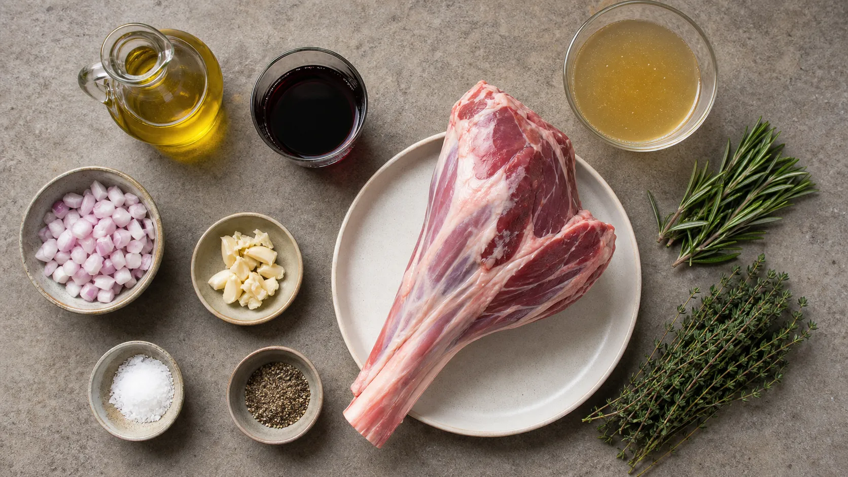 Zutaten für Keto-Lammhaxe mit Olivenöl, Schalotten, Knoblauch, Rotwein, Fond, Rosmarin und Thymian