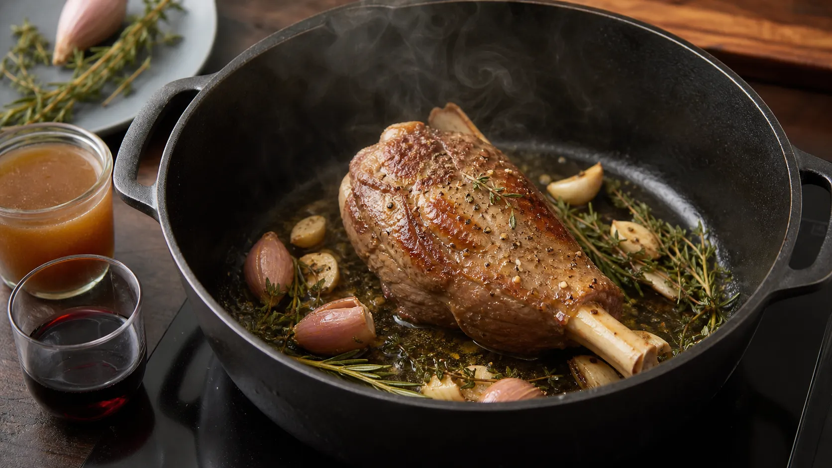 Lammhaxe wird im schweren Bräter mit Knoblauch, Schalotten, Rosmarin und Thymian scharf angebraten