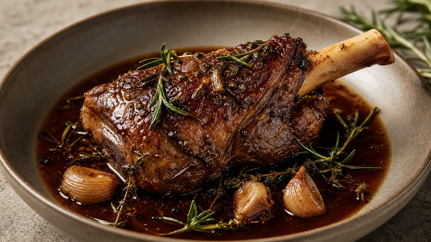 Keto-Lammhaxe mit Rosmarin, Knoblauch und dunkler Rotwein-Jus auf einem tiefen Teller