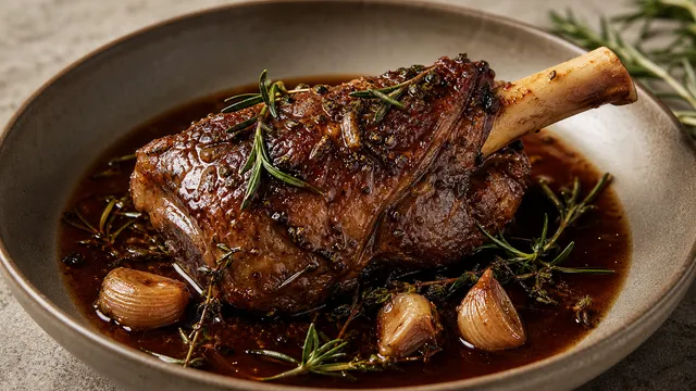 Keto-Lammhaxe mit Rosmarin, Knoblauch und dunkler Rotwein-Jus auf einem tiefen Teller