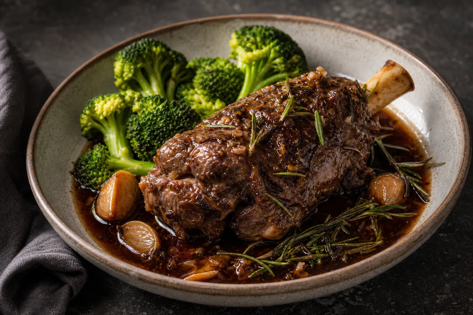 Keto geschmorte Lammhaxe mit Rosmarin, Knoblauch und Rotwein-Jus auf einem tiefen Teller