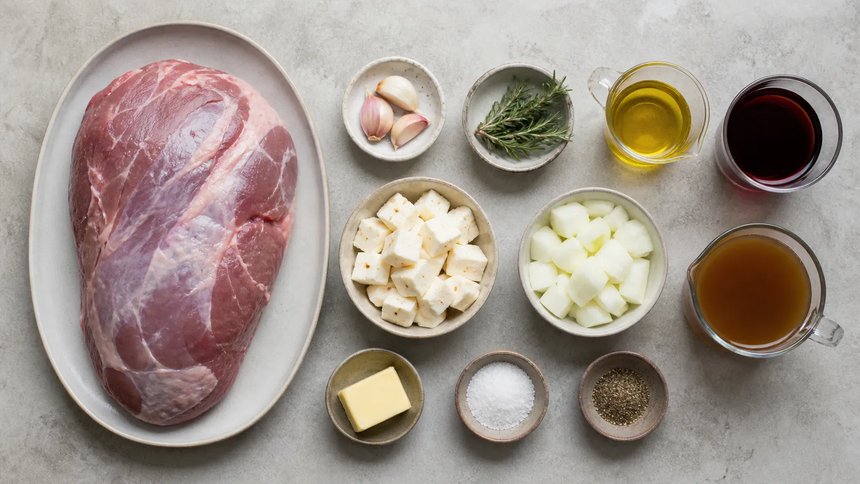 Zutaten für Keto-Lammkeule: eine Lammkeule ohne Knochen, Knoblauch, Rosmarin, Olivenöl, Rotwein und Wurzelgemüse