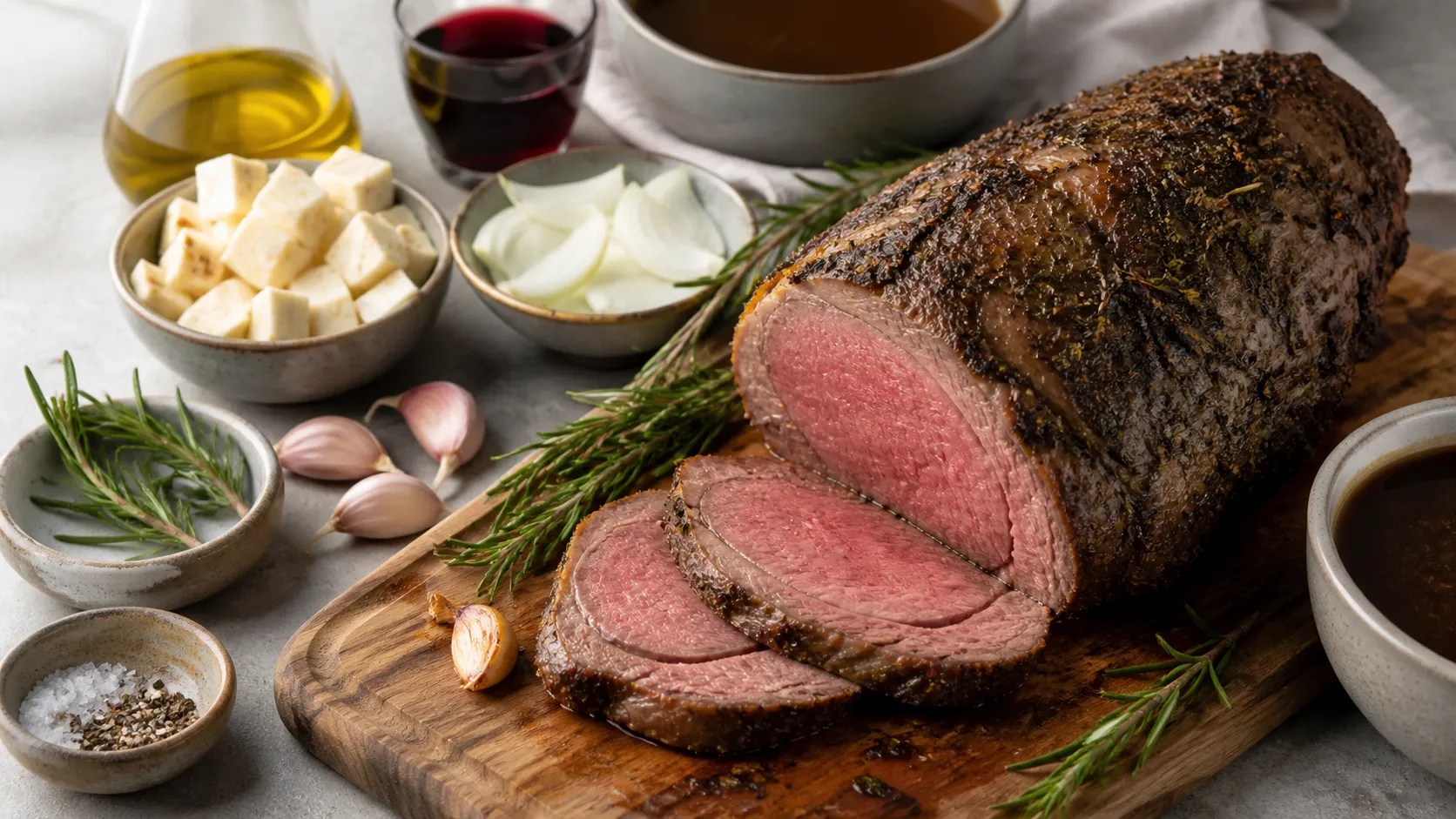 Angeschnittene Keto-Lammkeule mit rosa Kern auf einem Brett, daneben Rosmarinzweige und Bratensauce