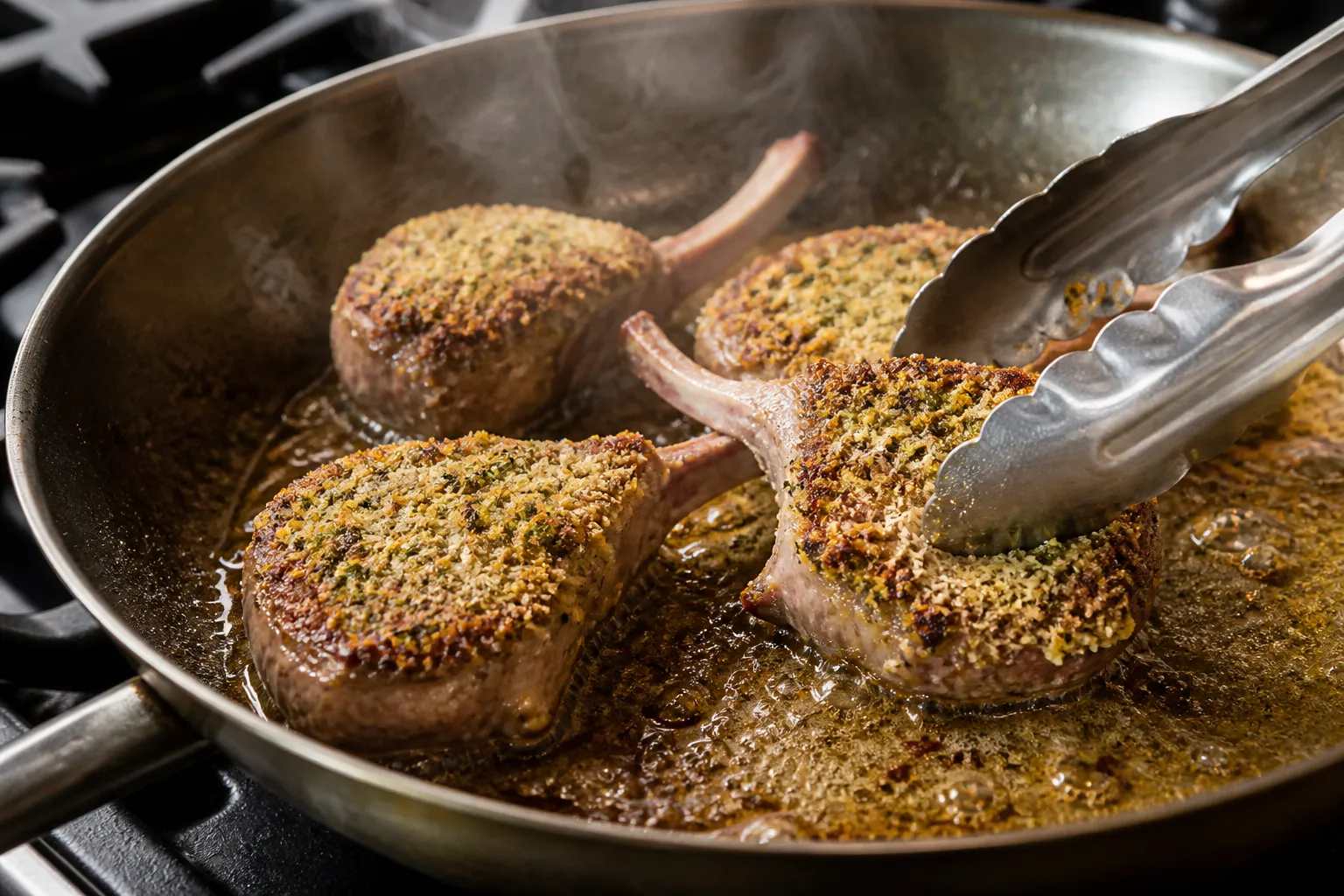 Lammkoteletts mit Kräuterkruste scharf in der Pfanne anbraten für das Keto-Rezept