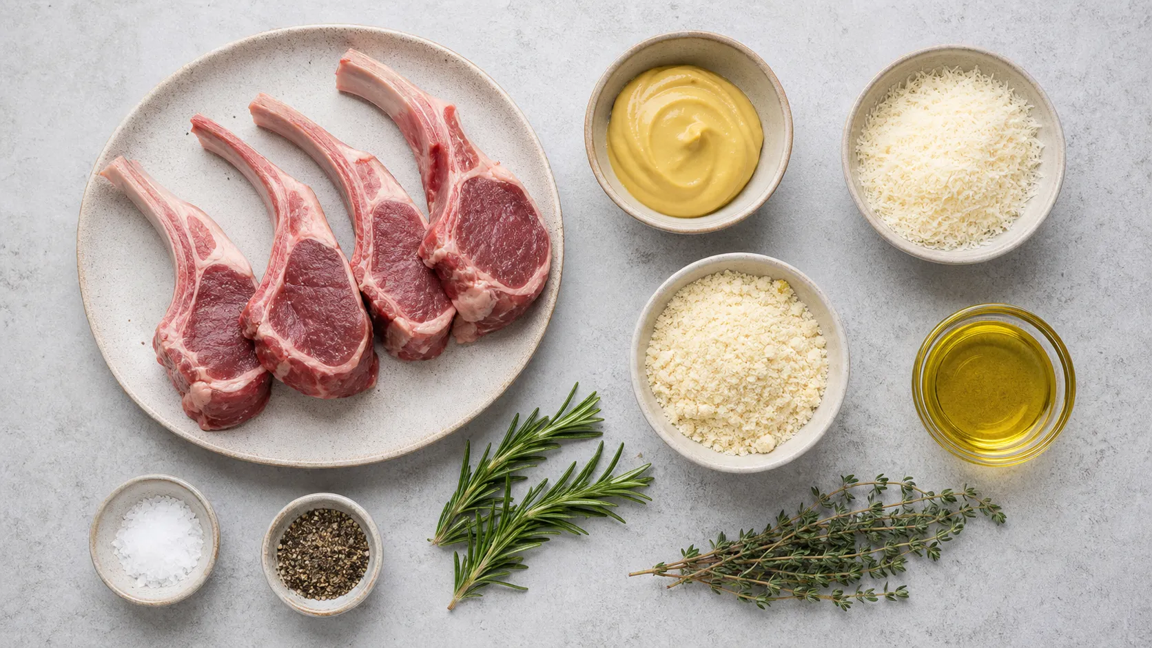 Zutaten für Keto-Lammkoteletts mit Dijon-Kräuterkruste als übersichtliches Flatlay
