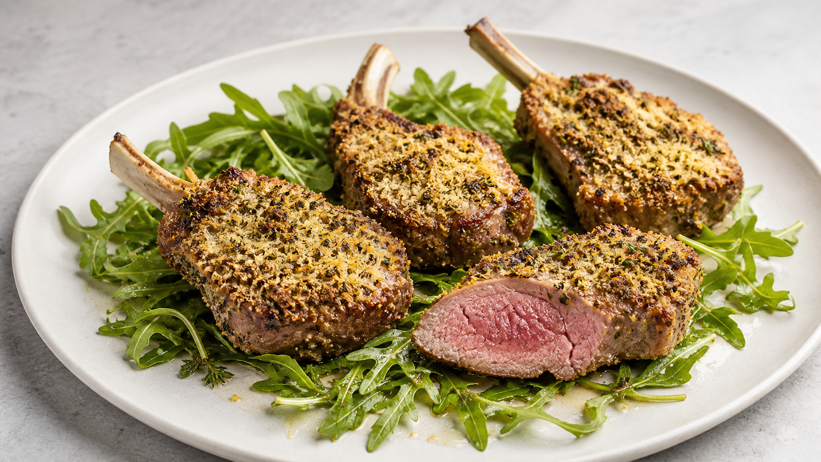 Keto-Lammkoteletts mit goldbrauner Dijon-Parmesan-Kräuterkruste auf Rucola
