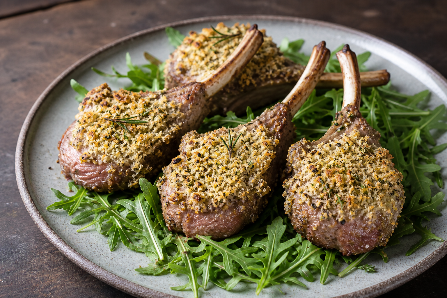 Keto Lammkoteletts mit goldbrauner Dijon-Kräuterkruste auf dem Teller angerichtet mit Rucola