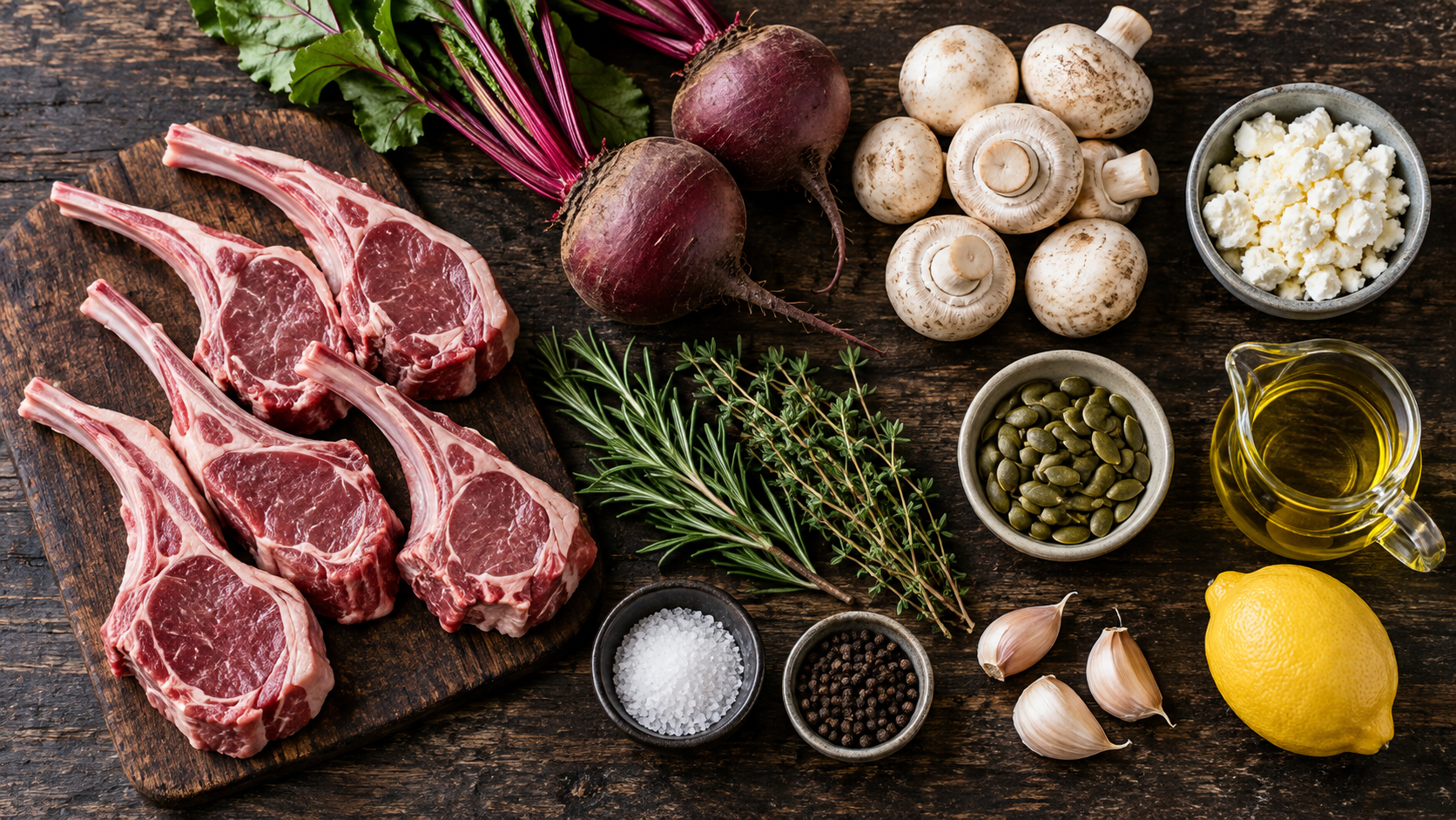 Zutaten auf einem Brett: rohe Rote Bete, Champignons, Lammkoteletts, Feta-Käse, Rosmarin, Thymian und Kürbiskerne
