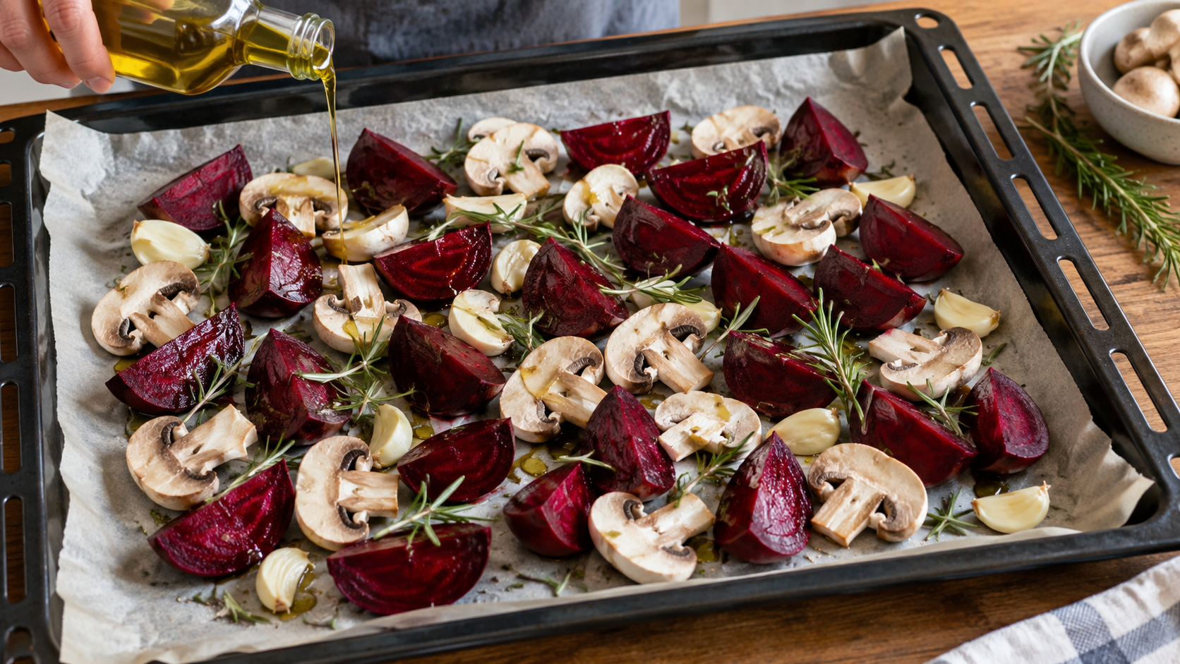Rote-Bete-Spalten und Champignons liegen mit Rosmarin auf einem Backblech vor dem Rösten