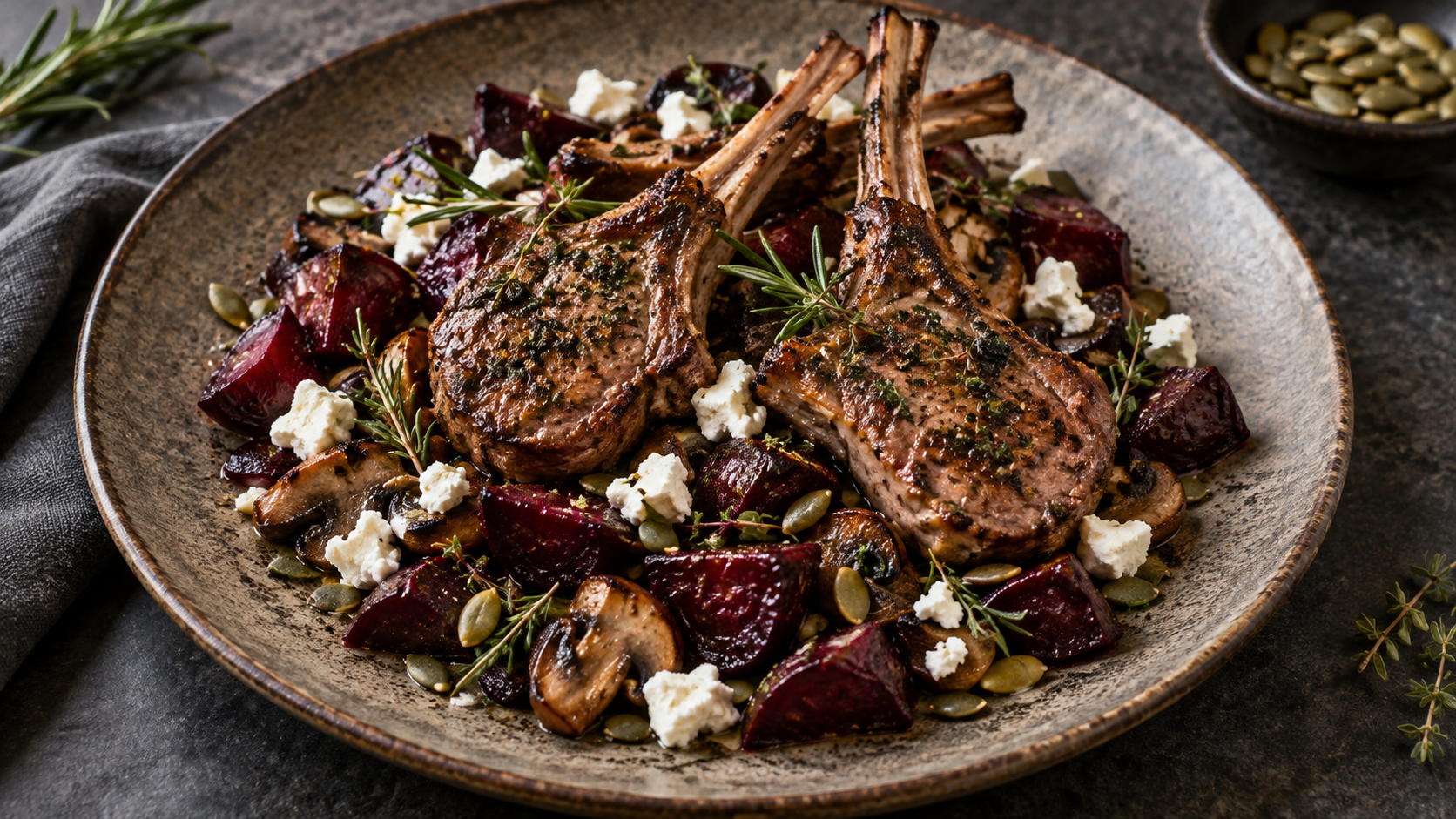 Gebratene Lammkoteletts auf geröstetem Rote-Bete-Ofengemüse mit zerbröseltem Feta-Käse und Kürbiskernen