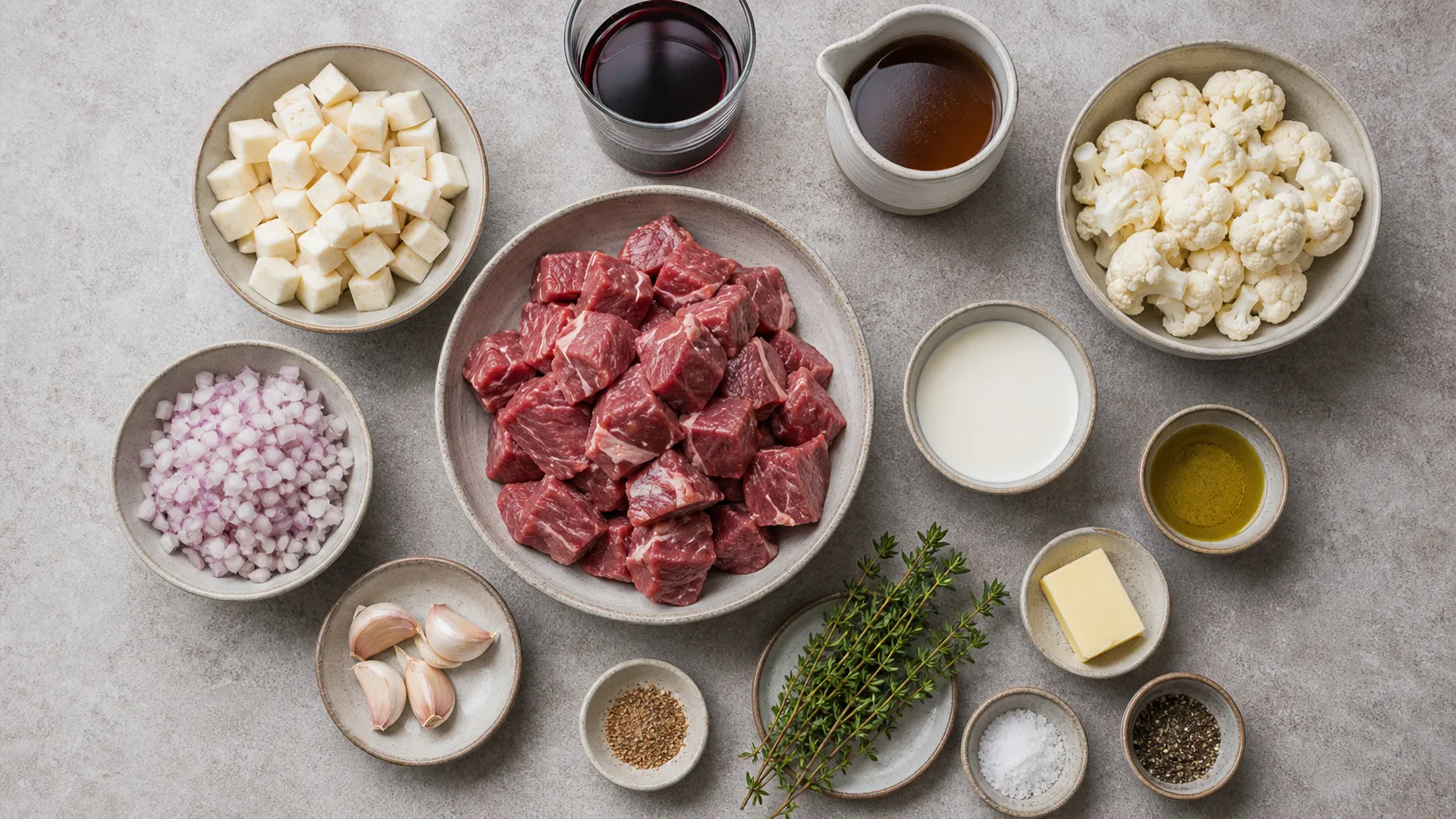 Zutaten für Keto Lammragout mit Blumenkohlpüree, Lammkeule, Sellerie, Rotwein, Sahne und Butter