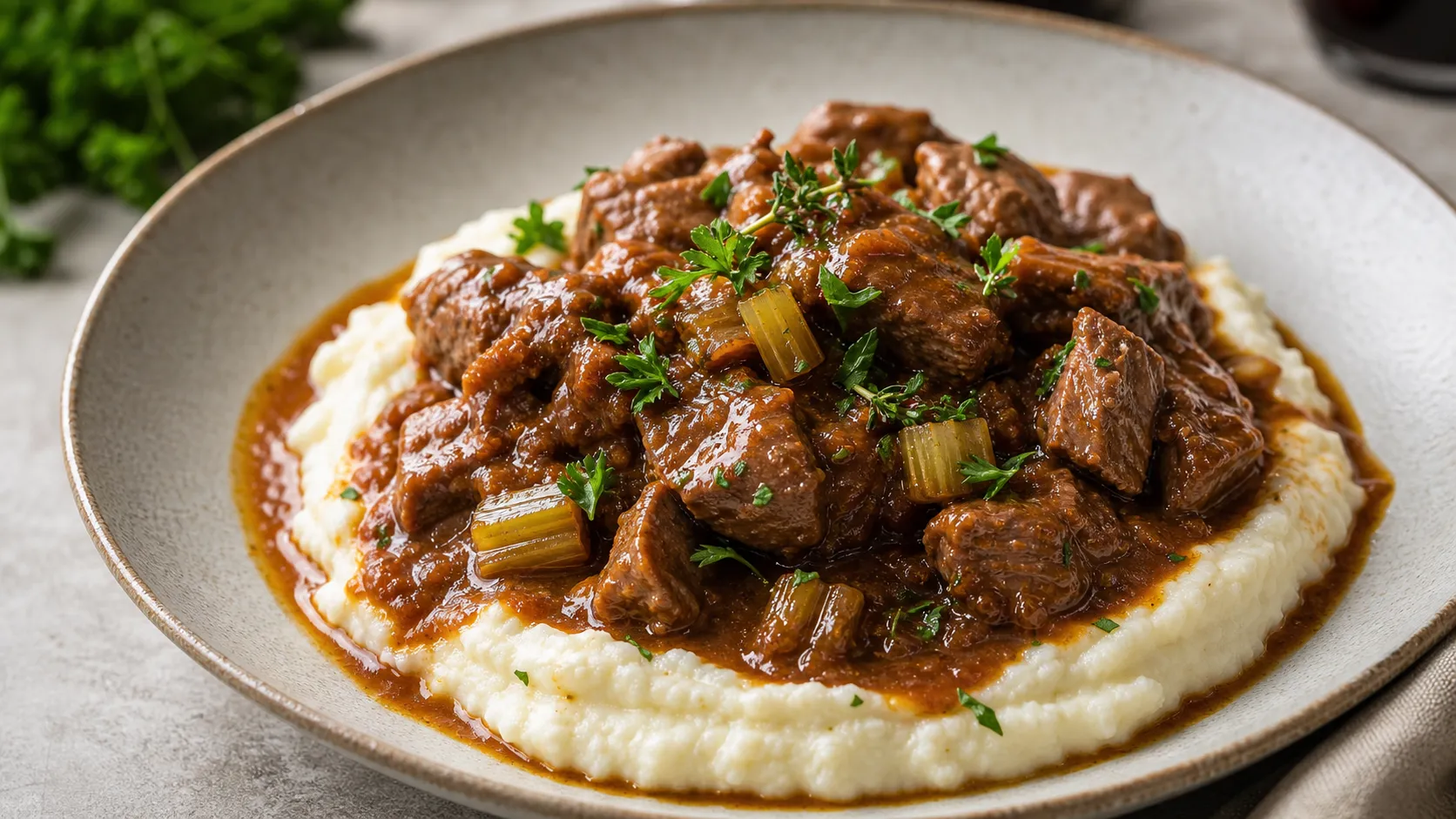 Keto Lammragout auf cremigem Blumenkohlpüree mit Rotwein-Sauce und Thymian