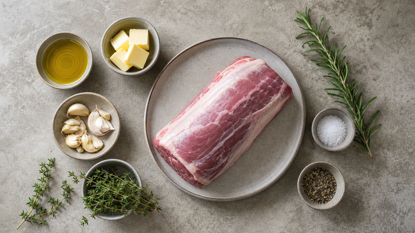 Zutaten für Keto Lammrücken mit Butter, Knoblauch, Thymian, Rosmarin und Olivenöl