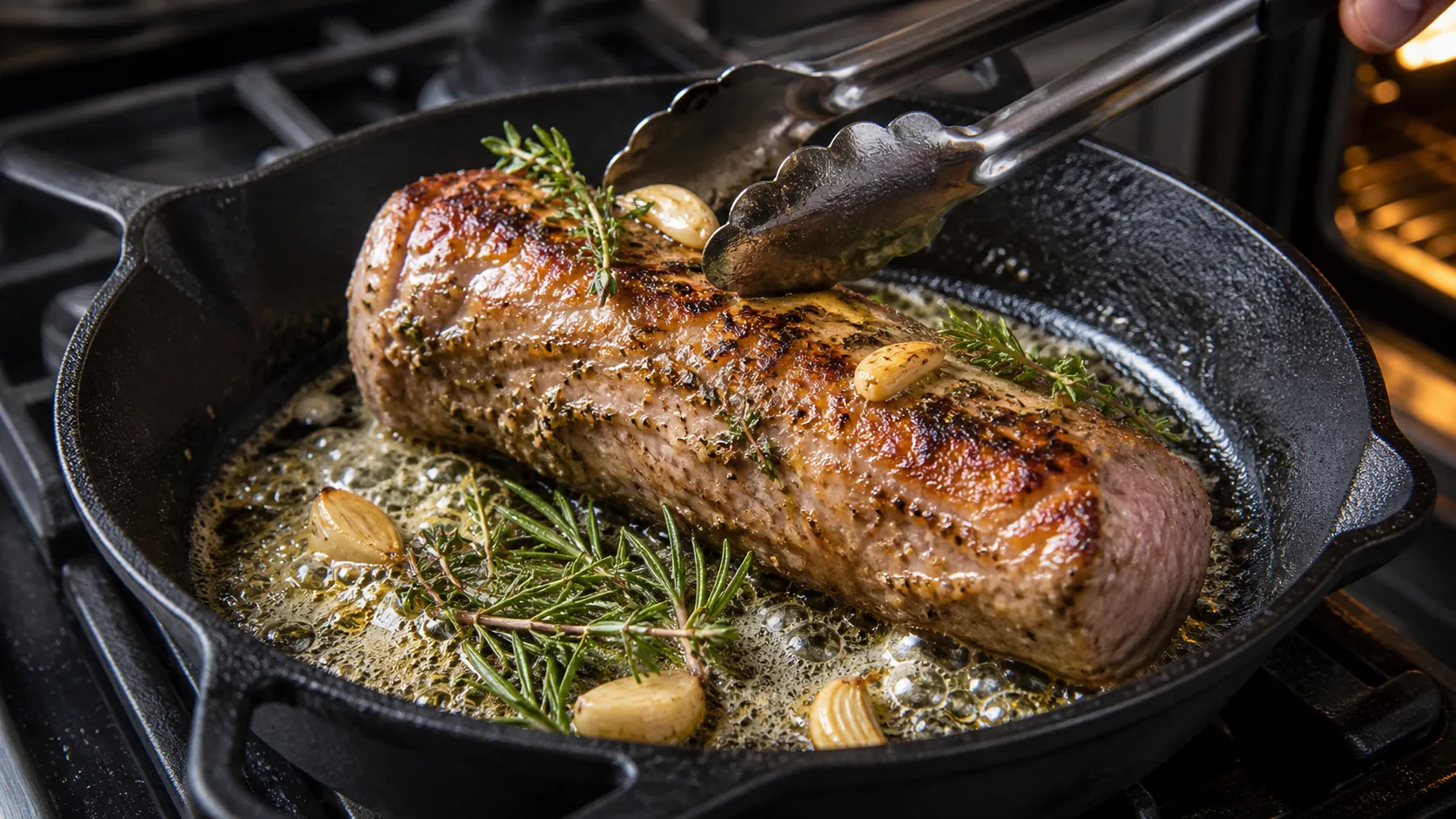 Lammrücken mit Knoblauch, Thymian und Butter in der Pfanne scharf anbraten
