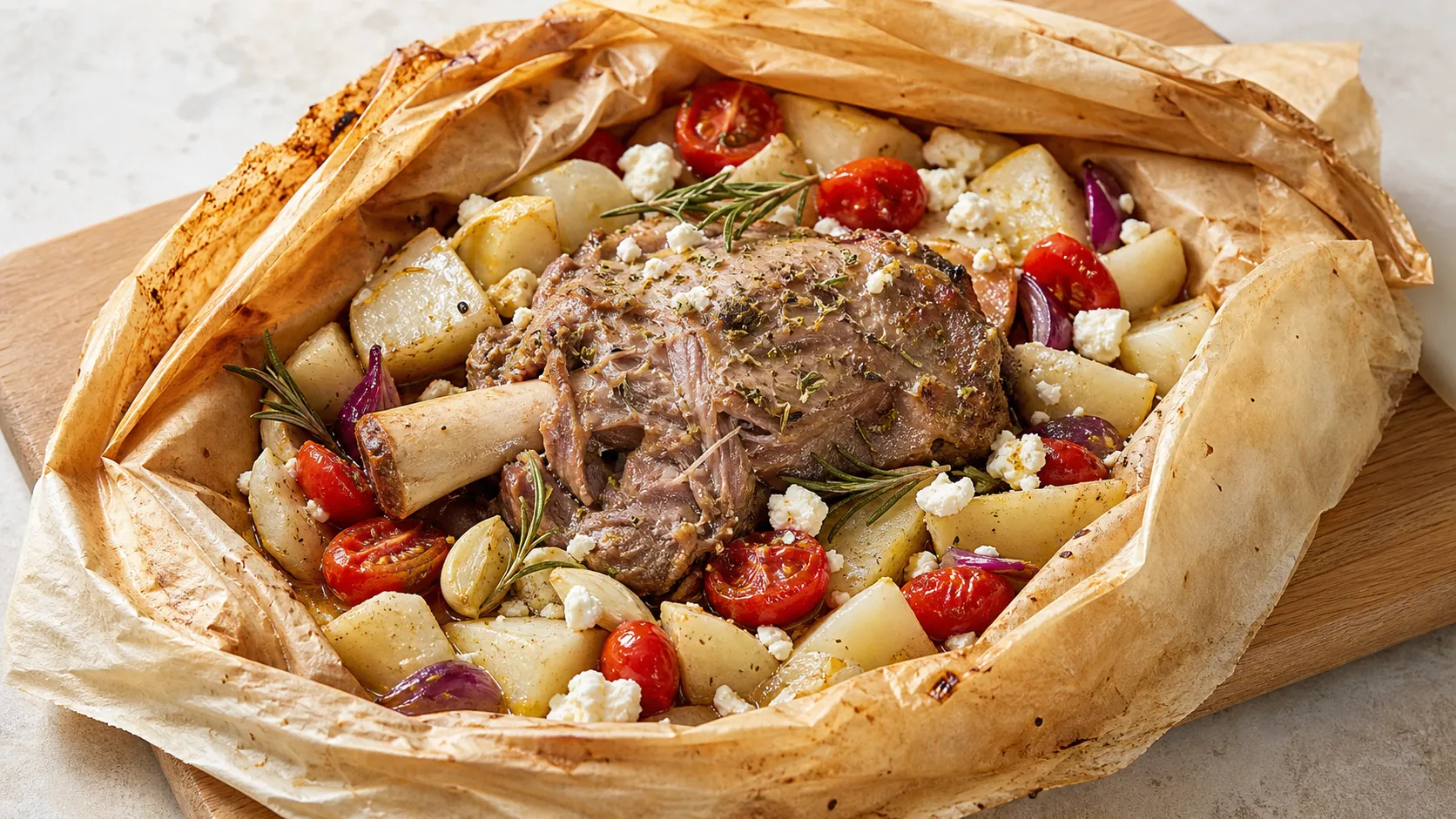 Keto Lammschulter nach Kleftiko-Art im geöffneten Backpapier-Päckchen mit Kohlrabi, Cherry-Tomaten und Feta-Käse