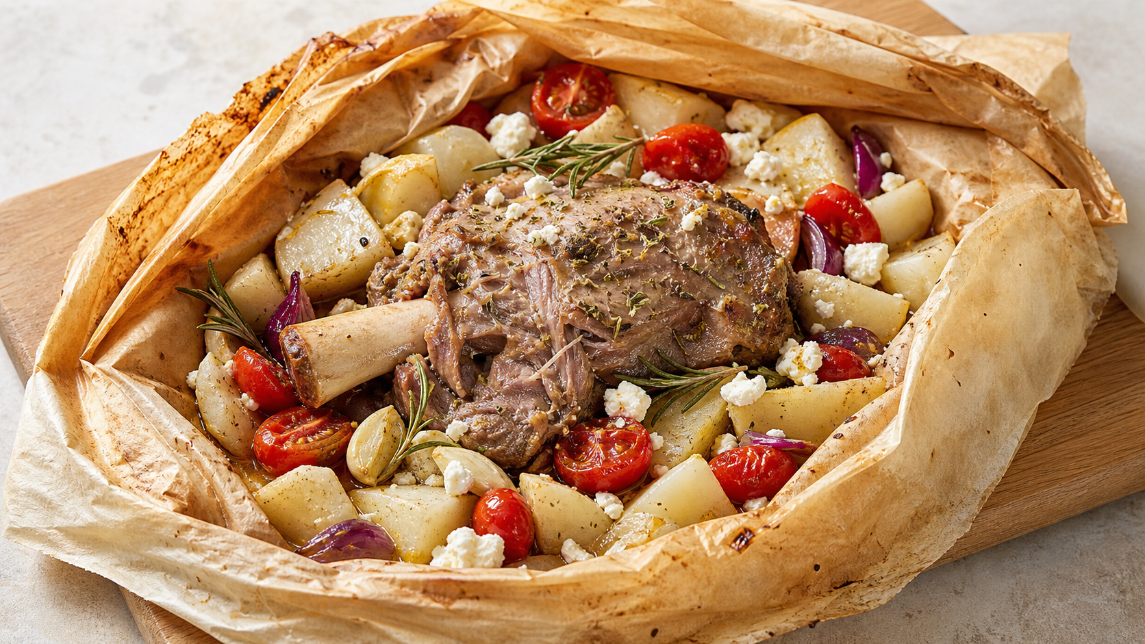 Keto Lammschulter nach Kleftiko-Art im geöffneten Backpapier-Päckchen mit Kohlrabi, Cherry-Tomaten und Feta-Käse