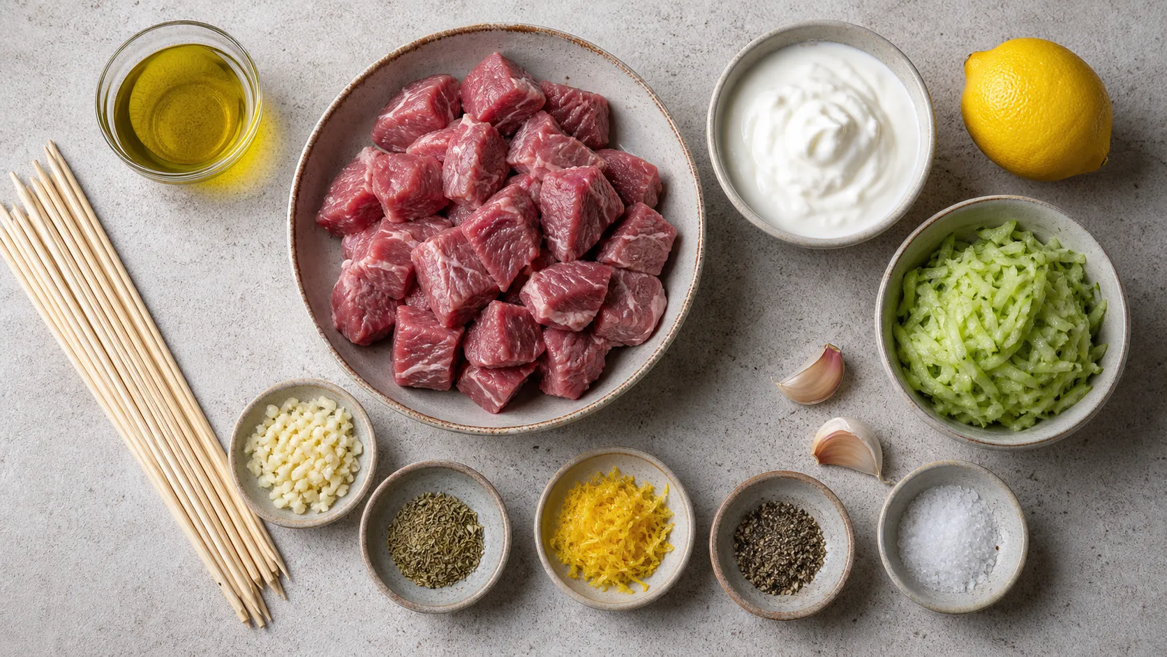 Zutaten für Keto Lammspieße mit Lammrücken, Olivenöl, Knoblauch, Oregano, Joghurt und Gurke