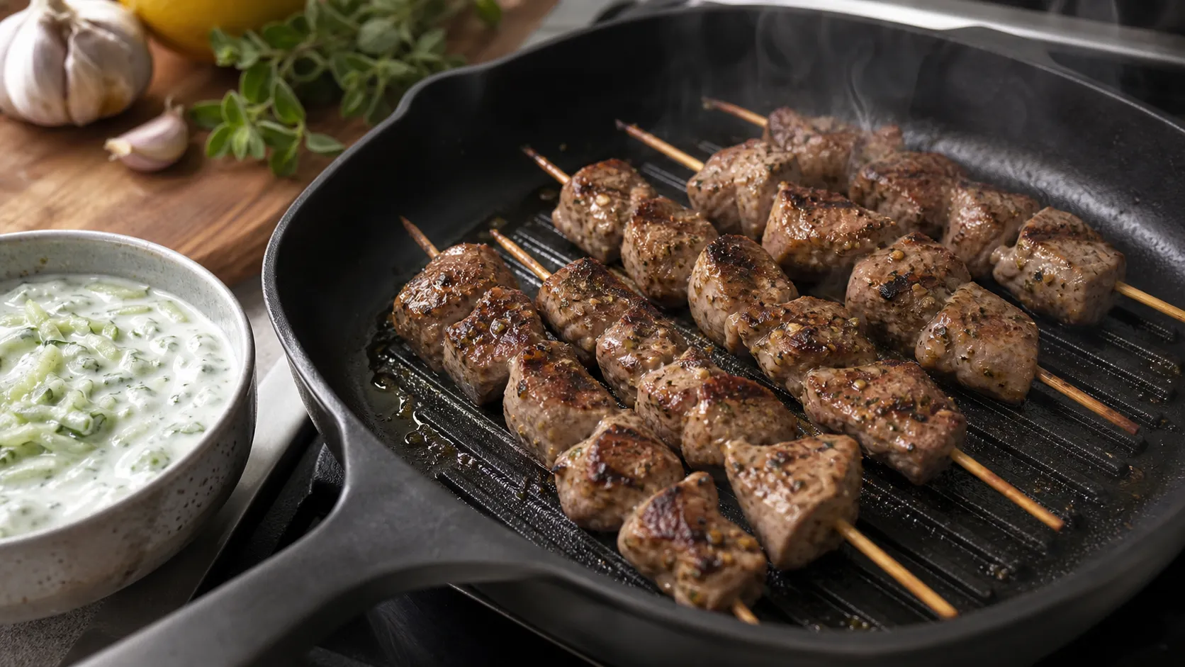 Lammspieße in der Grillpfanne scharf anbraten