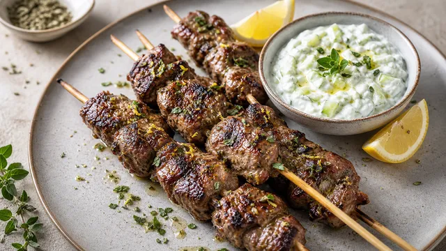 Keto Lammspieße mit Tzatziki, Gurke, Oregano und Zitrone serviert