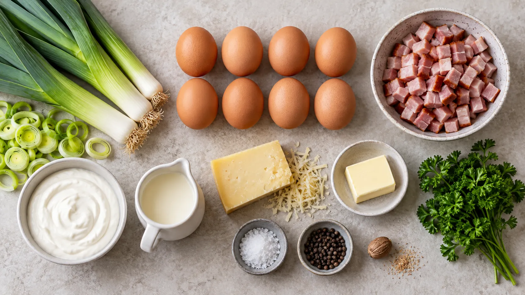 Zutaten für das Ofenomelett: Lauchstangen, gewürfeltes Kasseler, Eier, Schmand, Sahne, Bergkäse und Butter