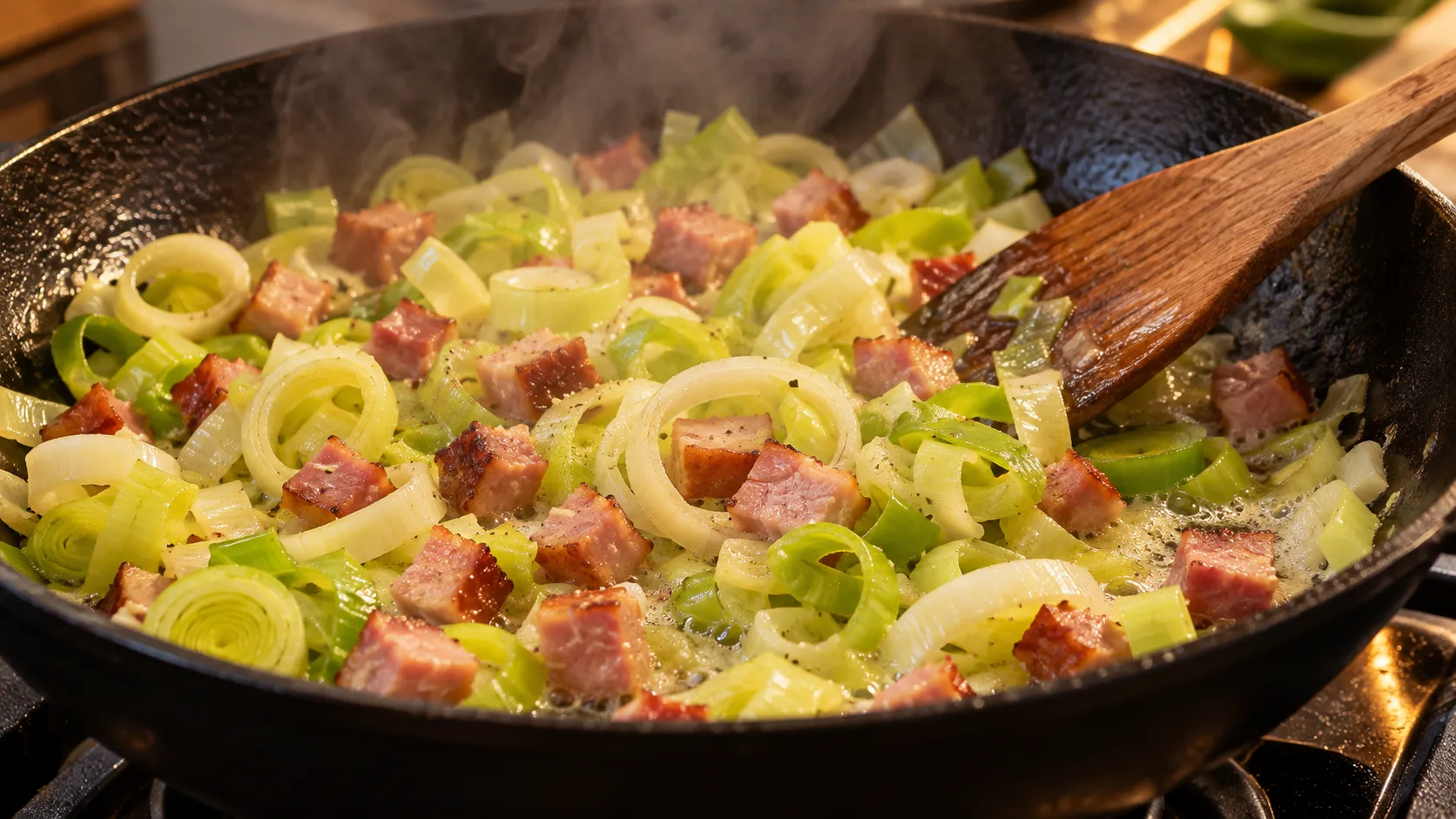 Lauchringe werden in einer Pfanne in Butter angedünstet, bis sie weich und glänzend sind