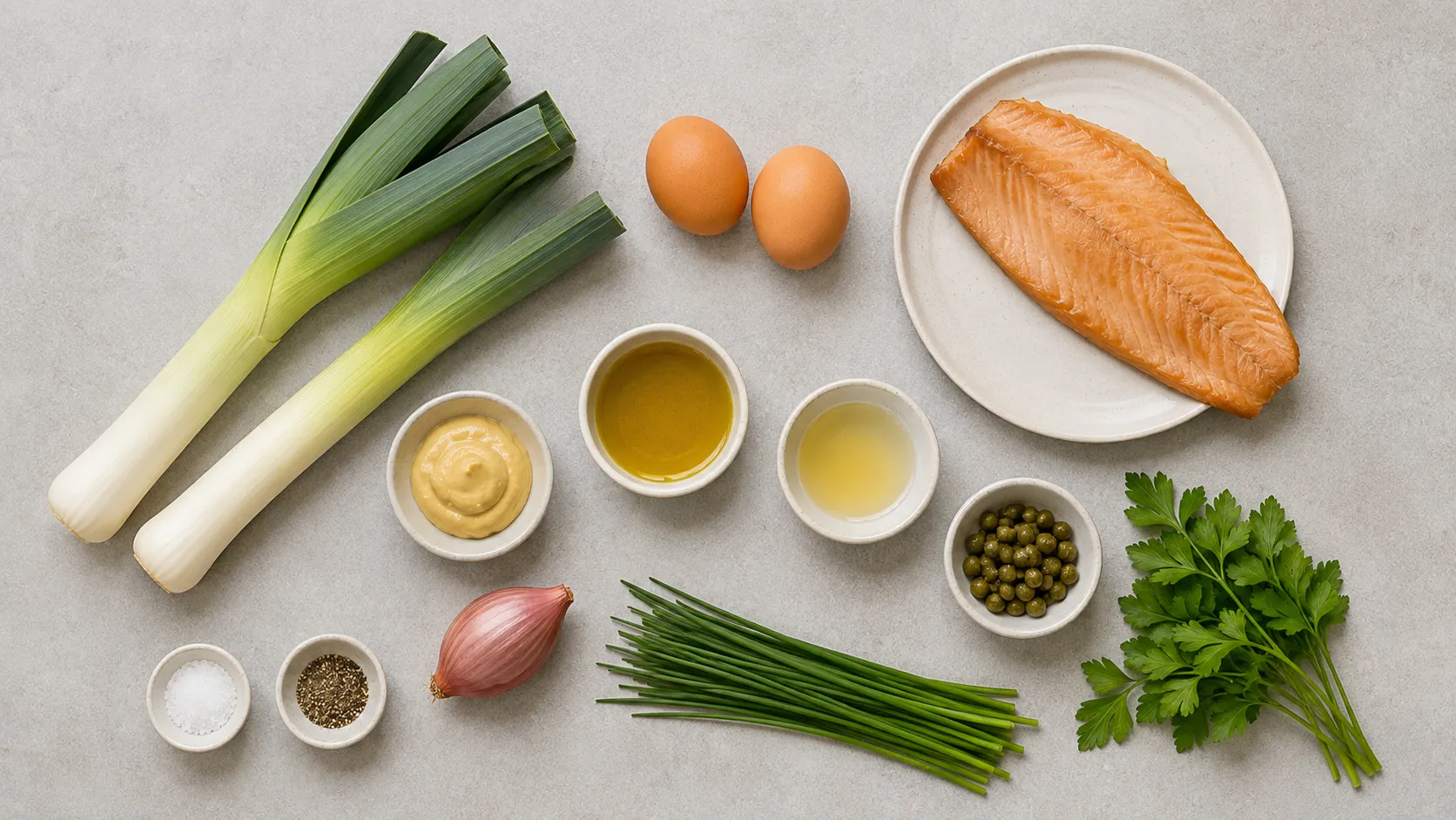 Zutaten für Keto-Lauch-Vinaigrette: zwei dünne Lauchstangen, zwei Eier, Räucherforellenfilet, Dijon-Senf, Olivenöl, Weißweinessig, Kapern, Schalotte und Schnittlauch