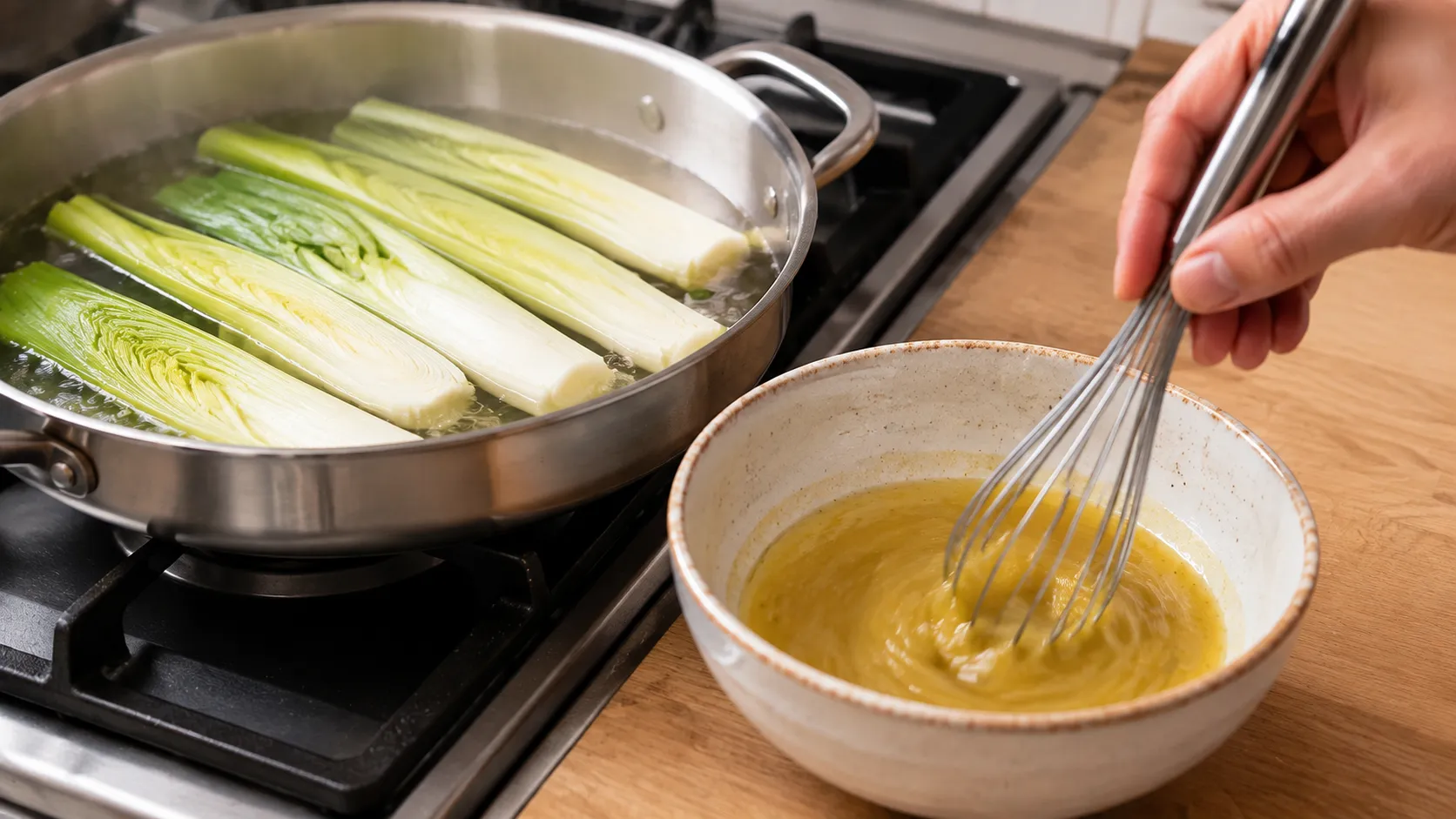 Halbierte Lauchstangen garen in einem breiten Topf in Salzwasser, daneben wird eine Senf-Vinaigrette in einer kleinen Schüssel verrührt