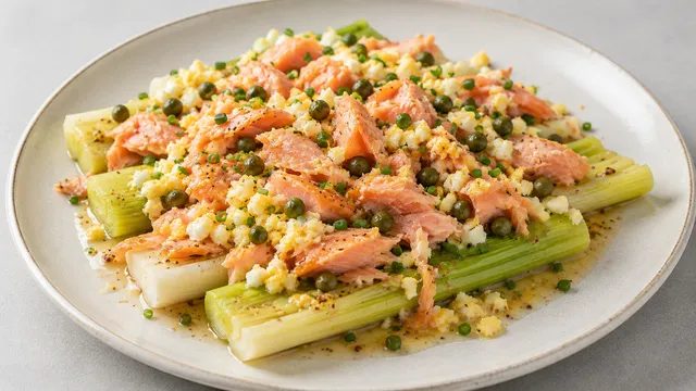 Lauwarme Lauchstangen mit Senf-Vinaigrette, darüber gehacktes hartgekochtes Ei, Räucherforellenstücke, Kapern und Schnittlauch auf einem flachen Teller