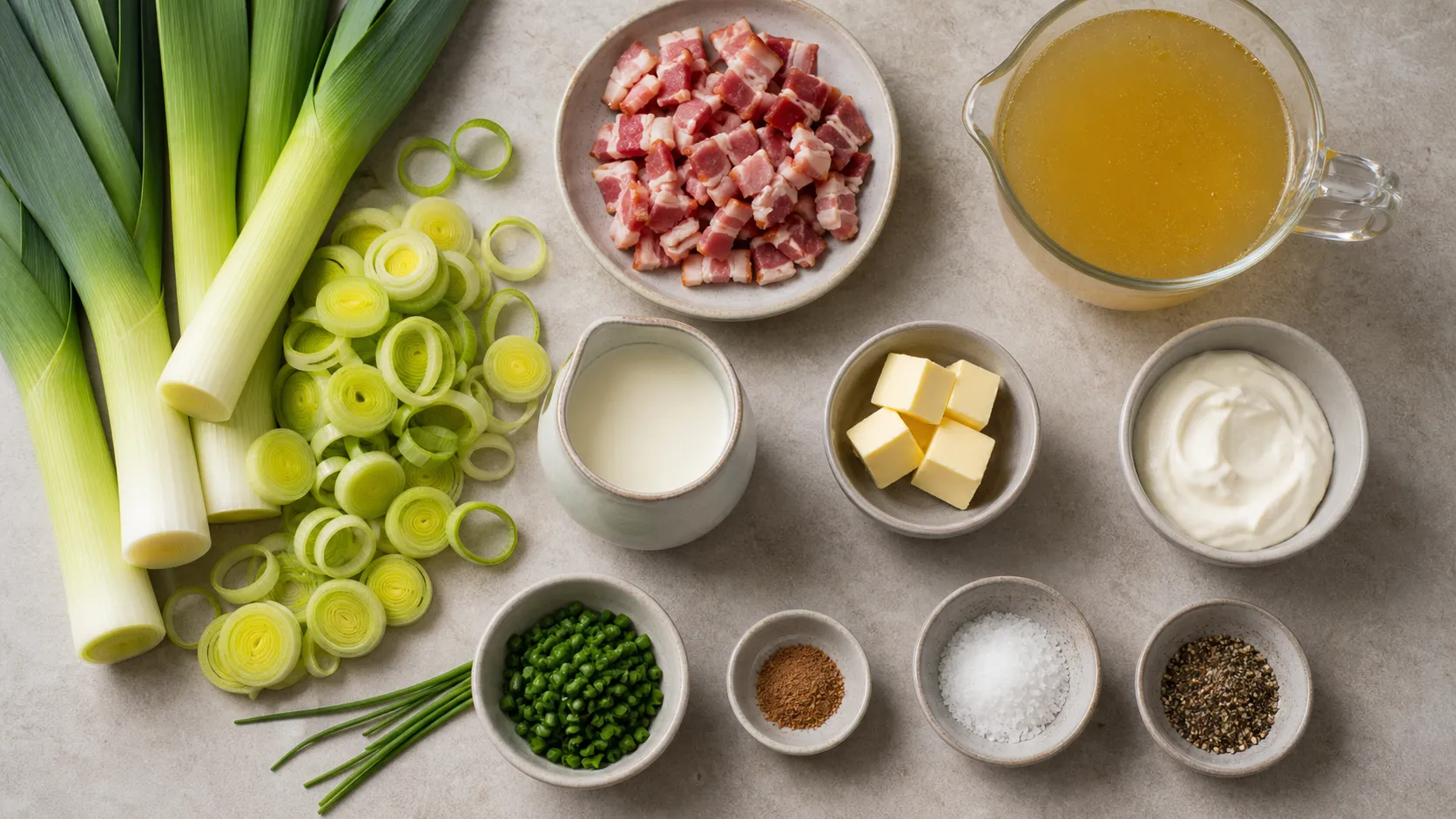 Zutaten für Keto Lauchcremesuppe mit Lauch, Speck, Sahne, Butter und Brühe