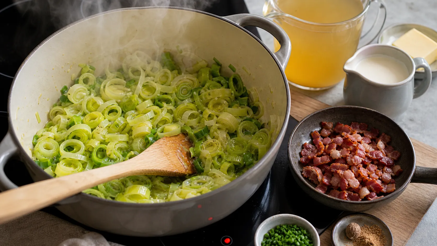 Lauchringe dünsten in Butter im Topf, daneben knusprig gebratener Speck