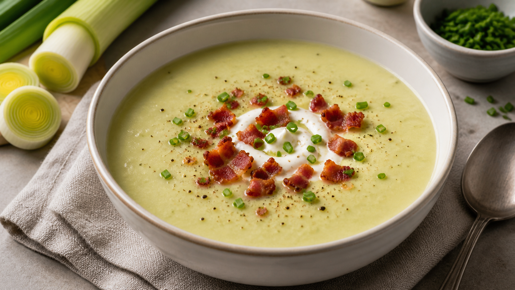 Keto Lauchcremesuppe mit knusprigem Speck und Schnittlauch in einem Suppenteller