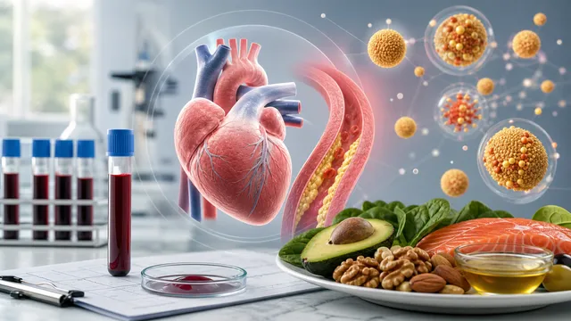 Blutröhrchen und Cholesterintabelle neben einem Teller mit Avocado und Walnüssen auf weißem Hintergrund
