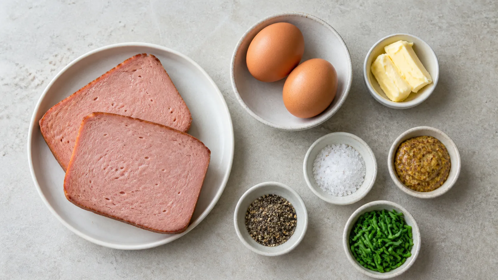 Zutaten für Keto-Leberkäse mit Spiegelei: Leberkäse-Scheiben, Eier, Butter, Senf und Schnittlauch