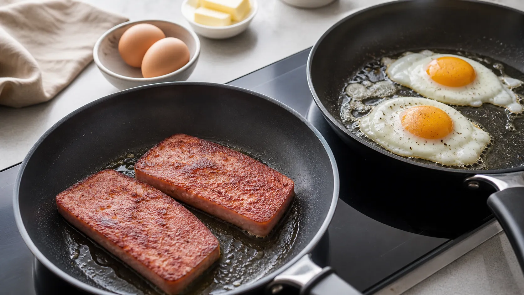 Leberkäse-Scheiben braten mit dunkler Kruste in der Pfanne, daneben Spiegeleier in einer zweiten Pfanne
