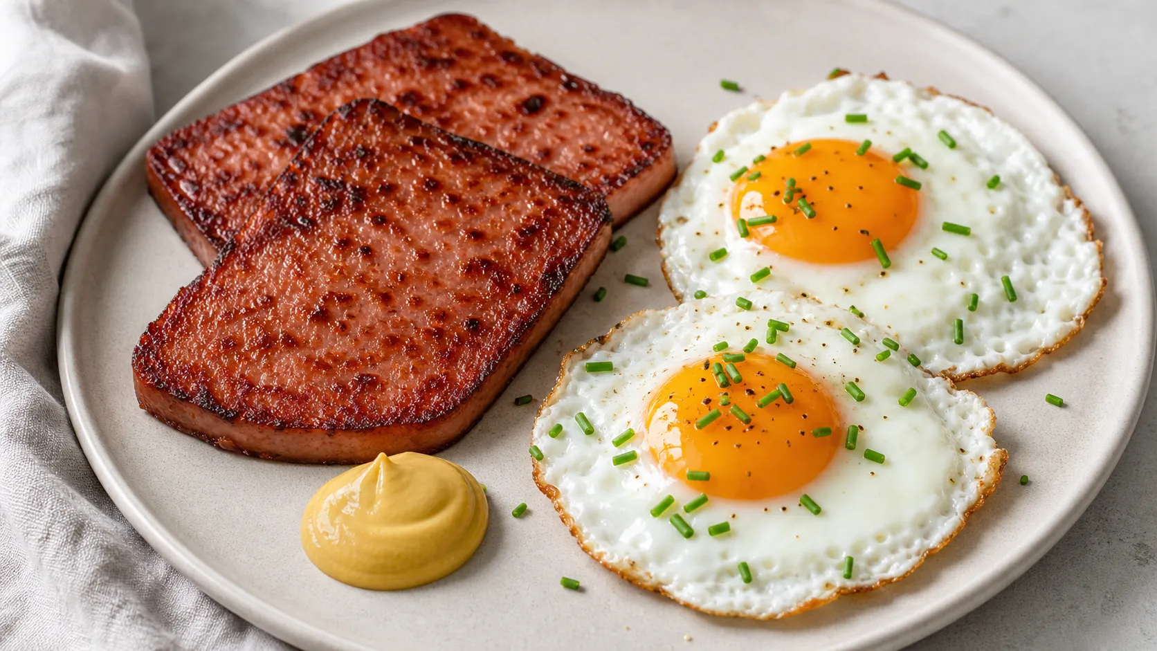 Zwei knusprig gebratene Leberkäse-Scheiben mit Spiegelei, Senf und Schnittlauch auf einem Teller