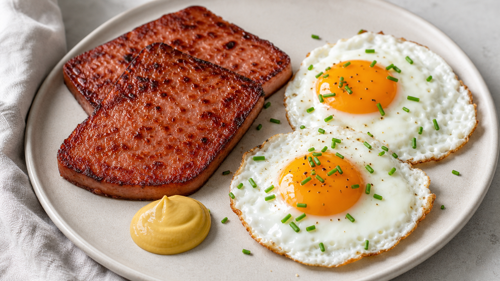 Zwei knusprig gebratene Leberkäse-Scheiben mit Spiegelei, Senf und Schnittlauch auf einem Teller