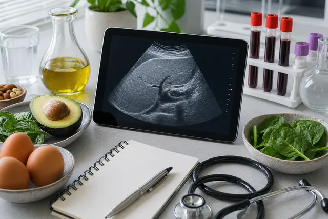 Medizinische Forschungsnotizen neben einem stilisierten Leber-Studienbild und Low-Carb-Kontext auf einem warmen Tisch