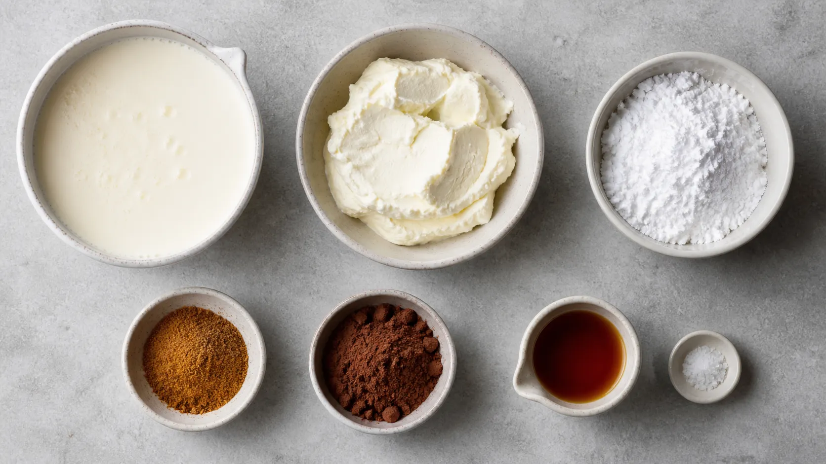 Zutaten für Keto-Lebkuchen-Mousse: Schlagsahne, Frischkäse, Puder-Erythrit, Lebkuchengewürz, Kakao und Vanilleextrakt