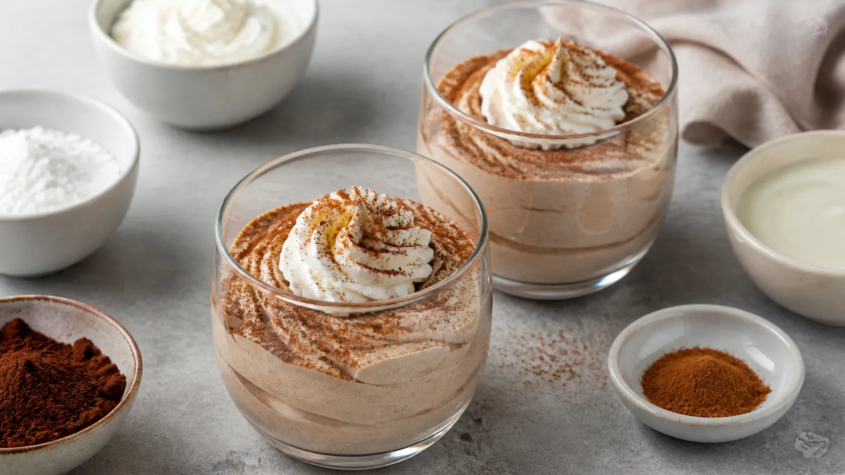 Keto-Lebkuchen-Mousse in zwei Dessertgläsern, bestäubt mit Kakao und Zimt, dekoriert mit einem Sahnetupfen