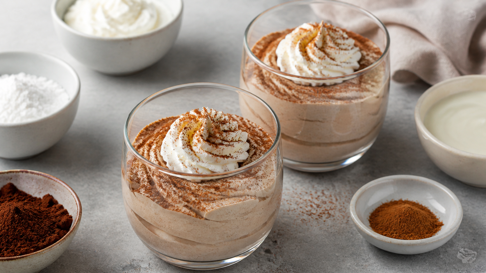 Keto-Lebkuchen-Mousse in zwei Dessertgläsern, bestäubt mit Kakao und Zimt, dekoriert mit einem Sahnetupfen
