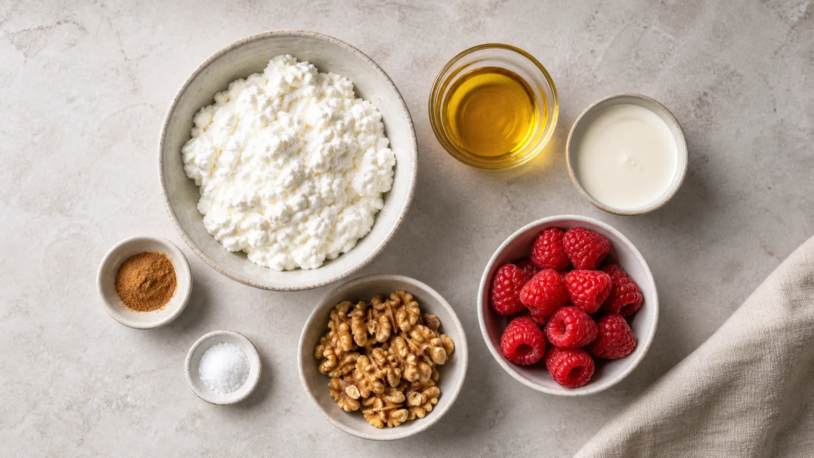 Zutaten für Keto Leinöl-Quark: Magerquark, Leinöl, Sahne, Himbeeren, Walnüsse und Zimt