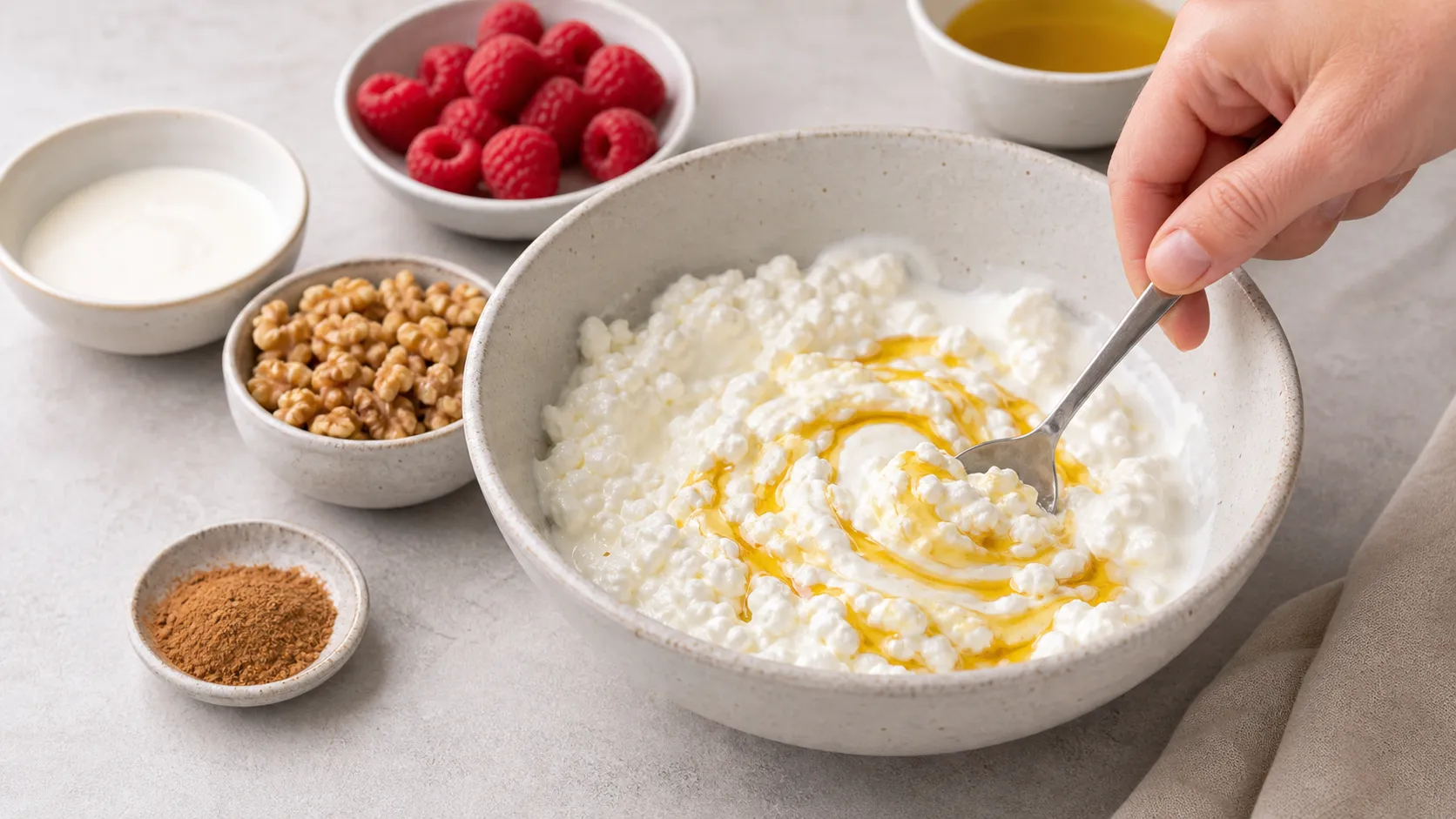 Magerquark wird mit Leinöl und Sahne cremig verrührt, daneben Himbeeren und Walnüsse