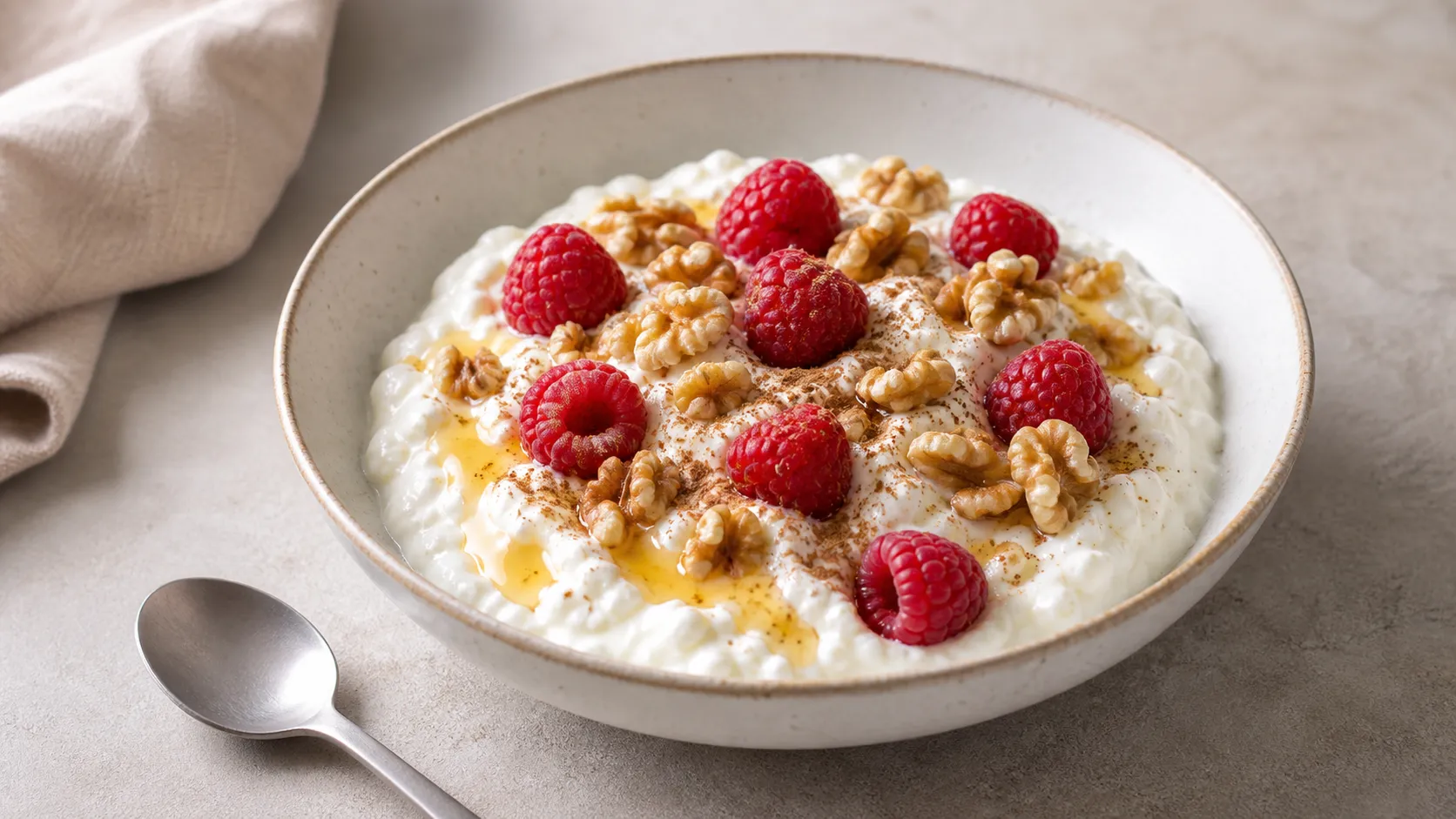 Schale Keto Leinöl-Quark mit Himbeeren, Walnüssen und Zimt, beträufelt mit goldenem Leinöl