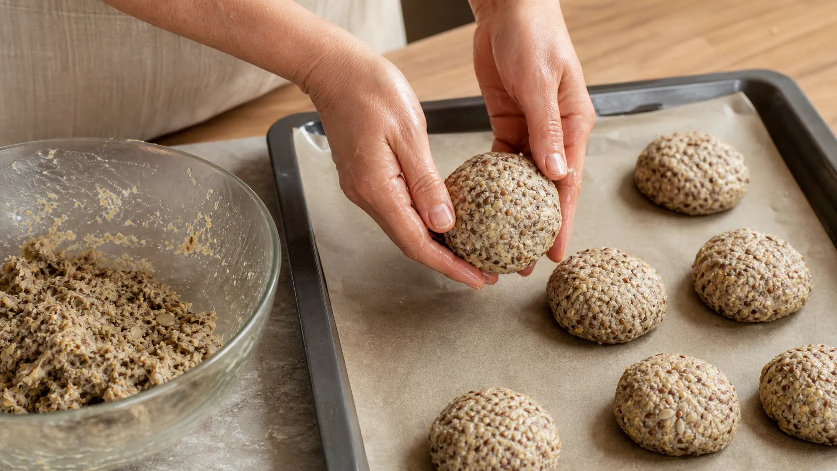 Der gequollene Teig wird mit feuchten Händen zu Brötchen geformt und auf ein Blech gesetzt